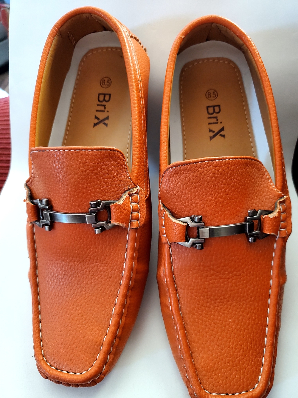 Orange Pebbled Leather Bit-Detail Slip-On Moc Driving Loafers Mens 8.5